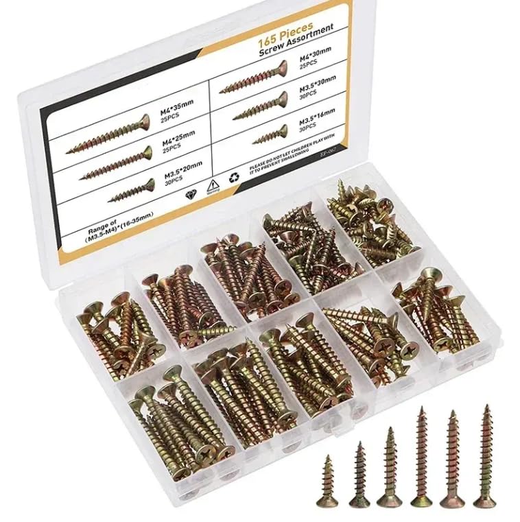 165-Piece Self Tapping Screw Assortment Set, 1.6 CM - 1 3/8 in, Countersunk Head, Wood Screws, Zinc Plate Carbon Steel, Phillips Head, DIY, Durable Organizer Box